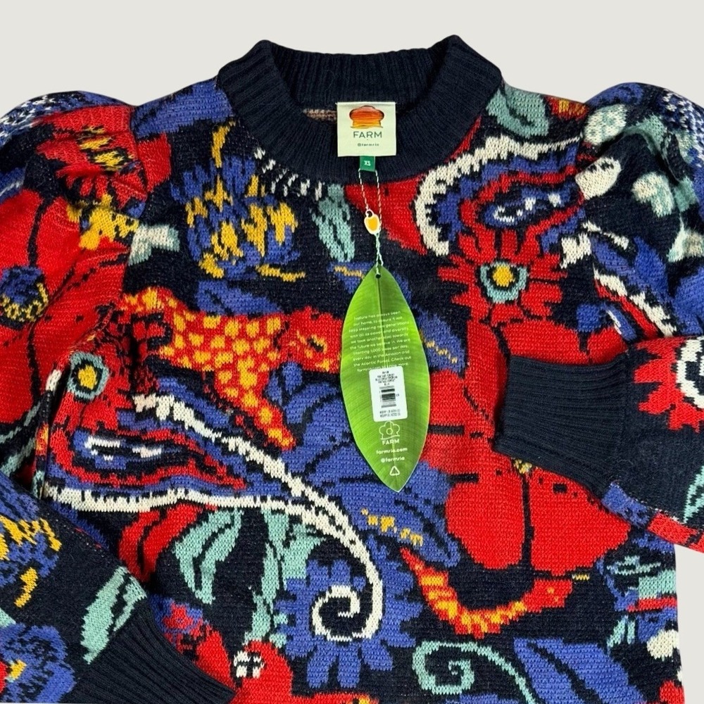 Farm Rio Womens XS Blue Vintage Forest BOHO Pattern Knit Sweater Dress NEW
